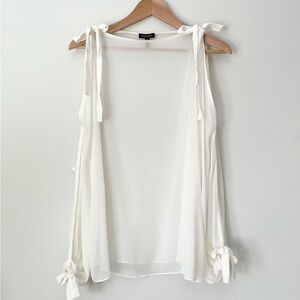 Escada Sheer Off-White Silk Open Shoulder Balloon Sleeve Tie Top